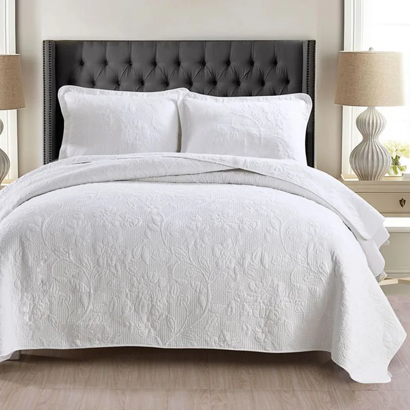 

French Embroidered Bedspread Quilt Set 3PCS Solid Color Quilted Bedding Cotton Quilts Bed Covers Shams King Queen Size Coverlet