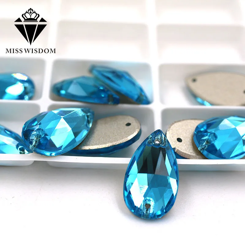 High quality Flatback glass crystal double hole sew on rhinestones Teardrop shape Lake Blue rhinestones diy clothing accessories