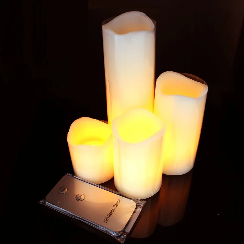 

Set of 4 remote controlled wavy edge Flameless LED Pillar Candle(6"4"3"2") paraffin wax Ivory tealight Wedding Party decor-Amber