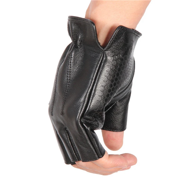 Men\'S Leather Half Finger Gloves Locomotive Driving Non-Slip Fitness Cowhide Gloves Men NAN48-5