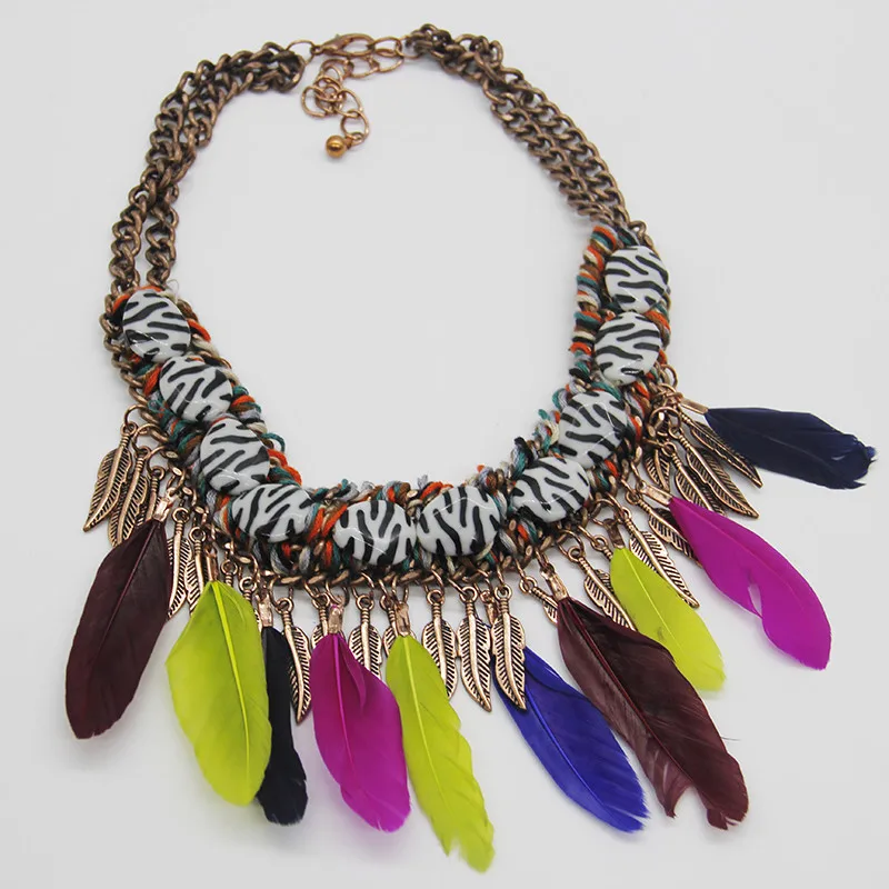 New Arrived Bohemia Multicolor Feather Collar Rope Stone Chain Alloy Necklace Vintage Women Fashion Statement Necklace