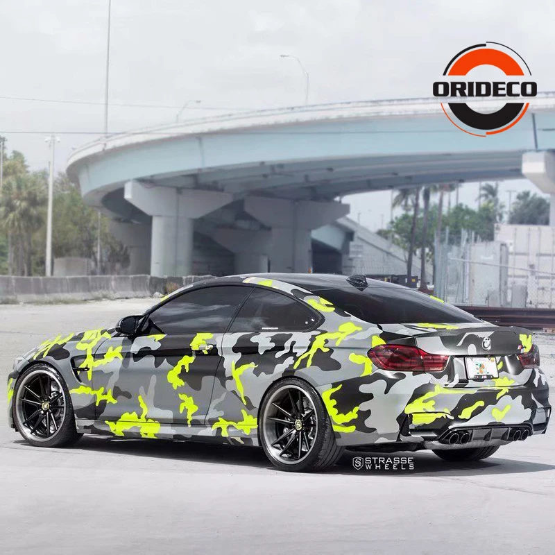 

5/10/15/20/25/30m*1.52m Yellow Gray Black Camouflage Car Sticker Fluorescent Yellow Black Camo Vinyl for Auto Vehicle Body Wraps