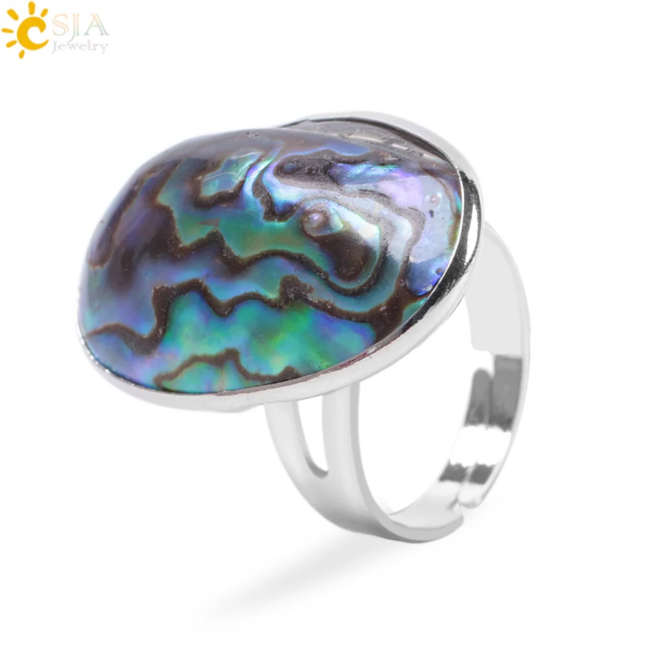 CSJA New Zealand Natural Abalone Shell Beads Finger Rings for Men Women Reiki Sea Shell Wedding Engagement Adjustable Ring F054