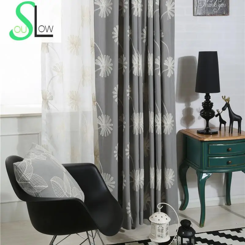 Gray, Blue, Khaki Cotton Flower Curtain Fabric Curtains For Living Room Cortinas Cortina Rideaux 3d Kitchen Bedroom Children