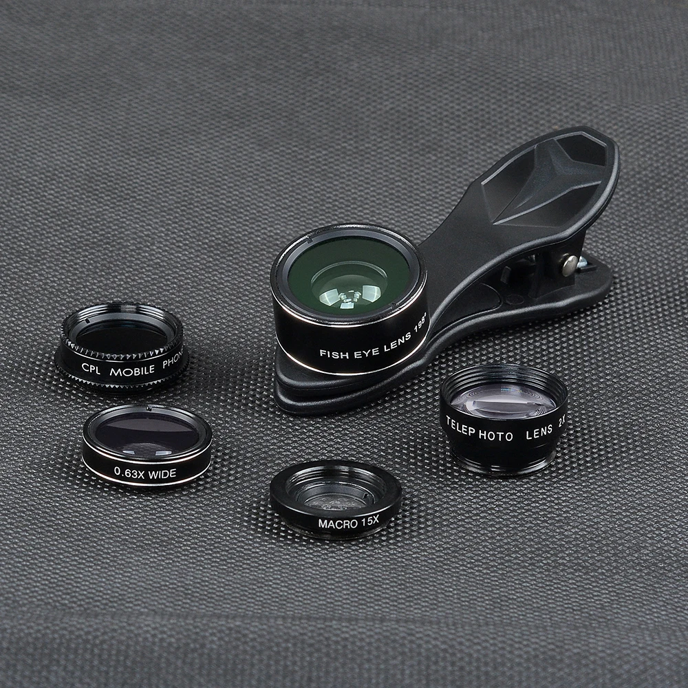 Universal clip 5 in 1 0.63X Wide Angle+Macro+FishEye+2X Telephoto +CPL lens Camera Lens lente para for iPhone 6 plus xiaomi DG5H