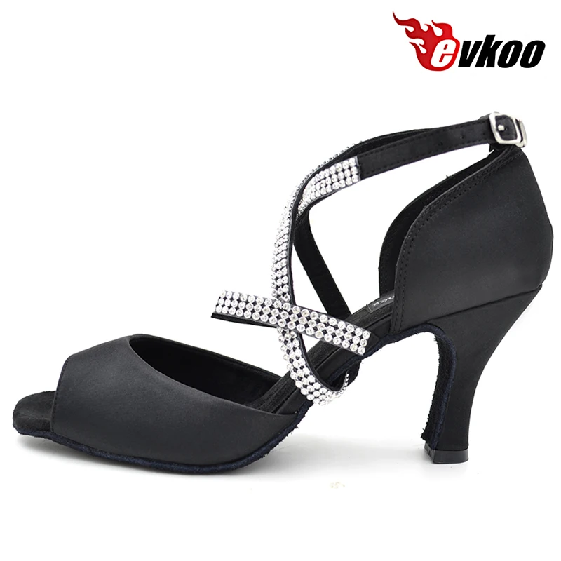 Personnalisé Confortable phtalShoes livraison gratuite Clip Strap Noir Satin Latin brevChaussures Pour Dame 8cm Haut Talon Evkoo-071