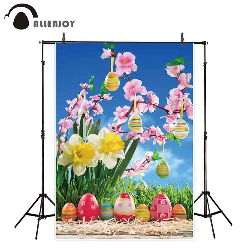 

Allenjoy Easter photographic background spring eggs flower grass wood photo studio prop shoot photocall photozone photobooth