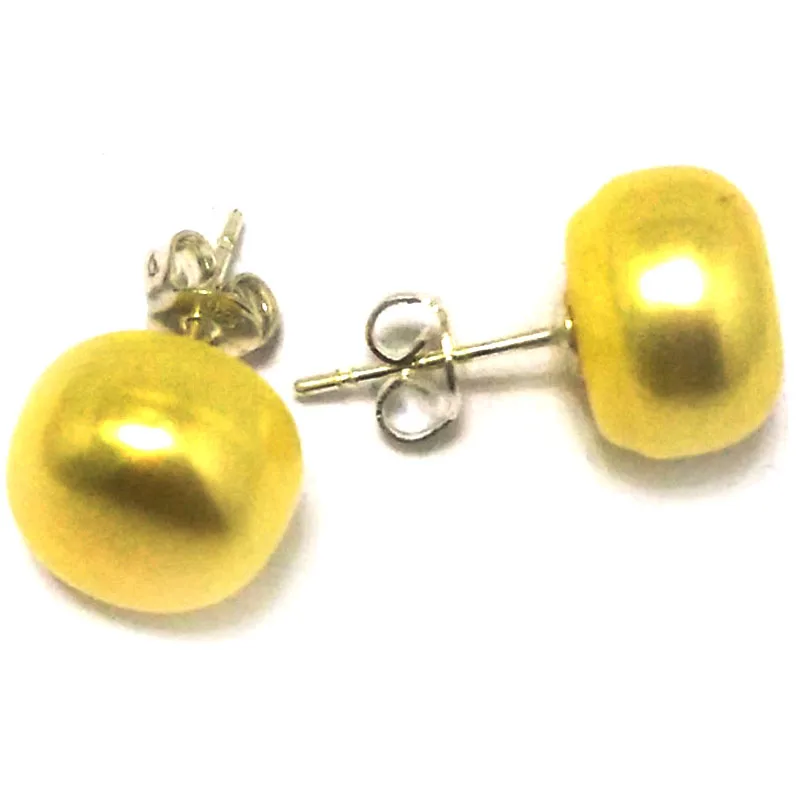 11-12mm Yellow Natural Cultured Button Pearl 925 Silver Stud Earring