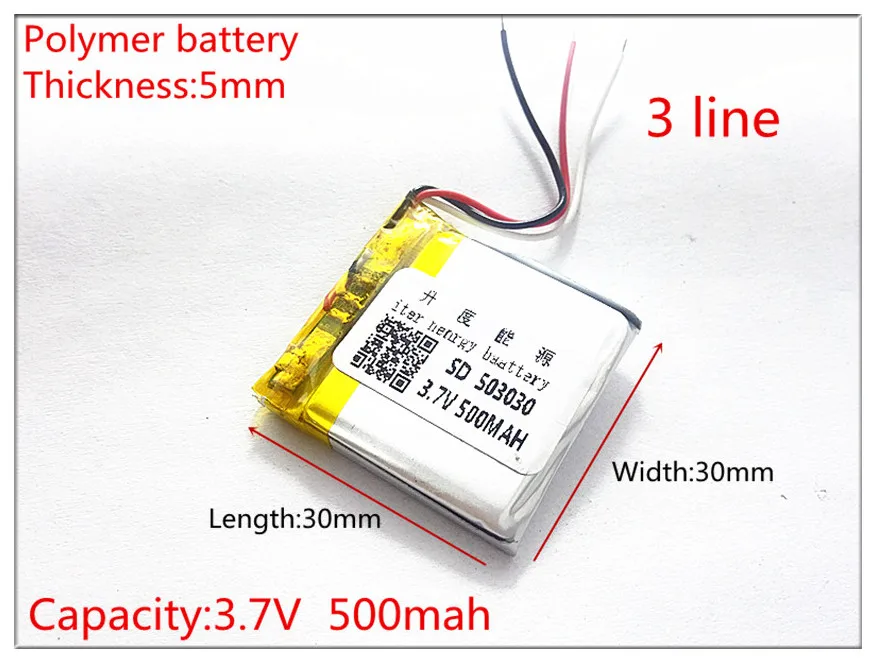 3-liniowy akumulator polimerowy 503030 3.7v 500mah 453030 inteligentne domowe głośniki MP3 Akumulator litowo-jonowy do rejestratora, GPS, mp3,