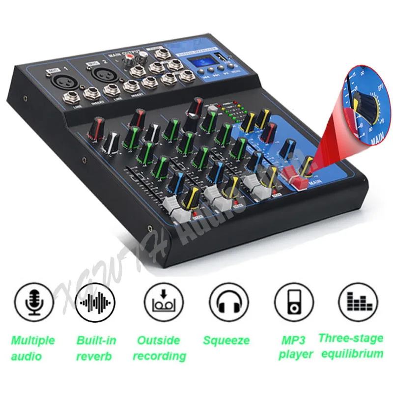 Mixer 4  Channel Audio Mixer with Bluetooth USB 48V Phantom Power for Recording DJ Stage Karaoke Music Audio Mixing Console