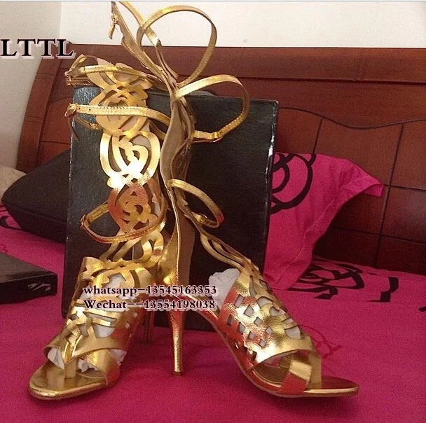 Fashion sexy Gold Graphic Gladiator Sandal Boots High Heel Cut-out Knee High Women Dress Shoes Designer Clip-toe sandal Boots