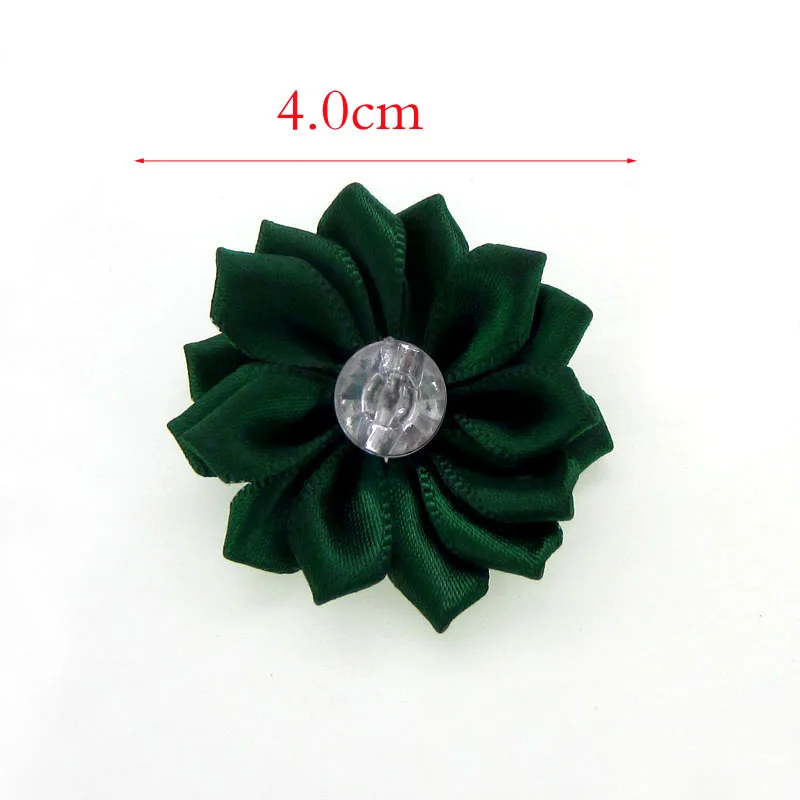 12Pcs Green Satin Ribbon Flowers with Rhinestone Multilayers Fabric Flowers Appliques Accessories Sewing Wedding DIY 4.0cm