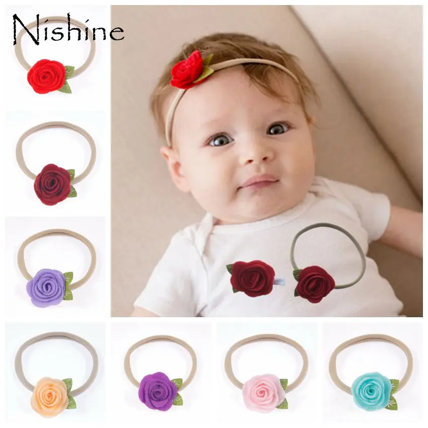 NISHINE Fashion Handmade Felt Rose Flower Baby Headband Khaki Nylon Leaf Flower Head Band Newborn Headwear Photography Props