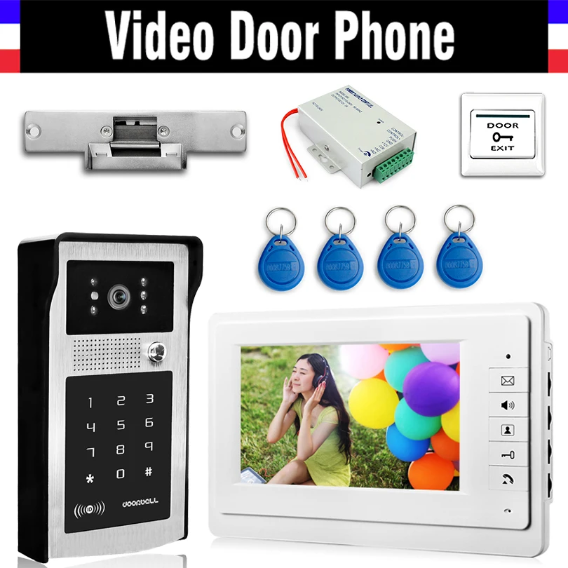 

7 Inch Wired Video Door Phone Doorbell Intercom System Electric Door Strike Lock RFID Keyfobs Power Exit Video interphone kit