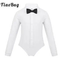 TiaoBug Kids Boys One-Piece Modern Latin Dance Costume Long Sleeves Lapel Bowtie Romper Shirt Leotard Bodysuit Child Dance Wear