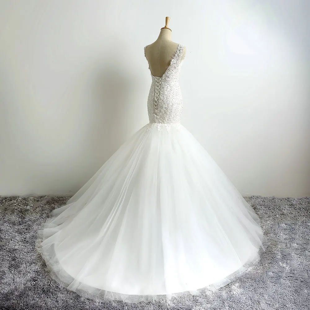 Vestidos De novia con cuentas De lujo De sirena De 2019 con apliques De cuello en V y tul talla grande