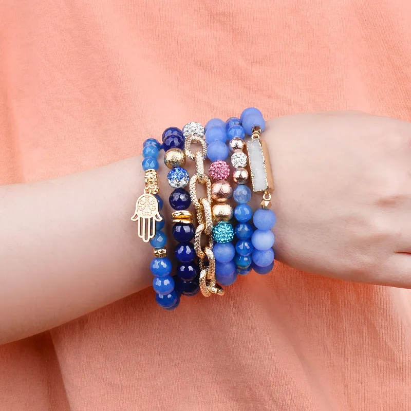 BOJIU 6 Pcs/Set Natural Stone Charm Bracelets For Women Blue Agates Druzy Gold Palm Plastic Beads Big Chain Bracelets BCSET283