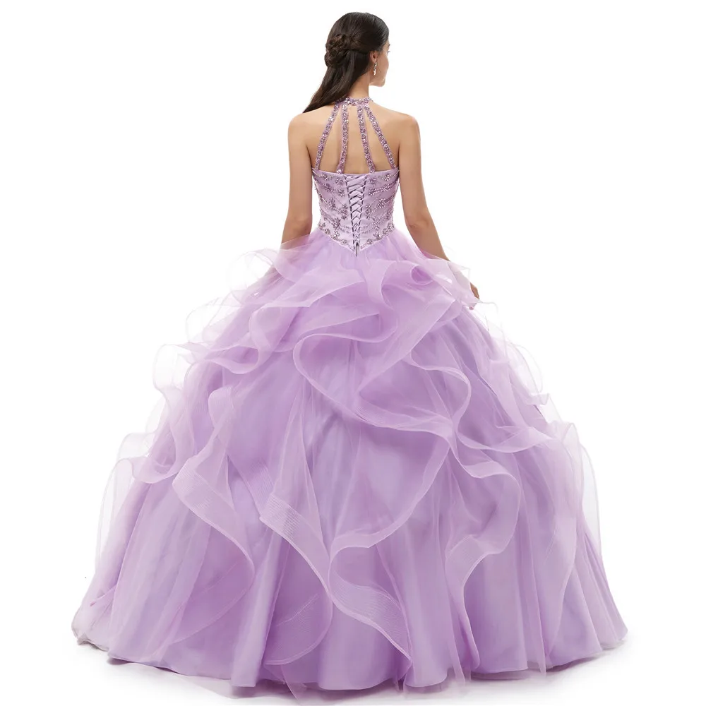 Janevini Mewah Gaun Pengantin Putri Lilac Quinceanera Gaun Halter Berat Manik-manik Puffy Tulle Prom Pesta Vestidos Dulces 16