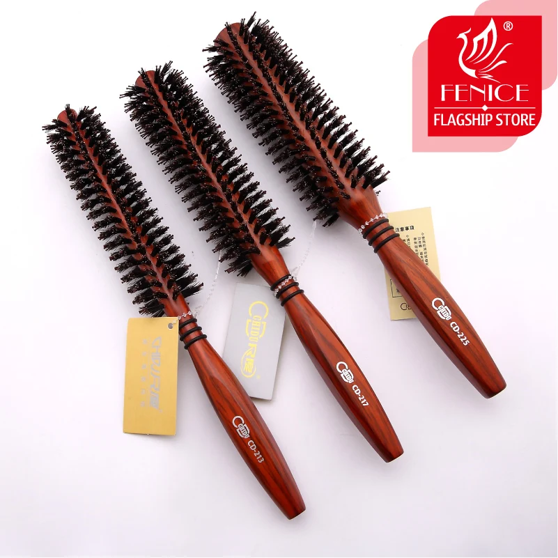 Fenice Roll round hair brush  bristle pig mane comb wood handle Brown bristles For curly hair Round bristles tips twill