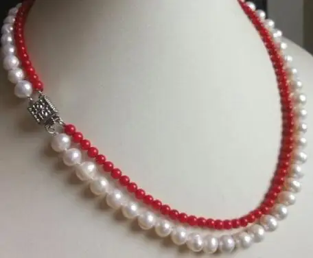 

Pearl Jewelry Set 4-8mm Red Coral White Freshwater Pearl Necklace Earrings Fashion Lady's Birthday Wedding Party Jewelry