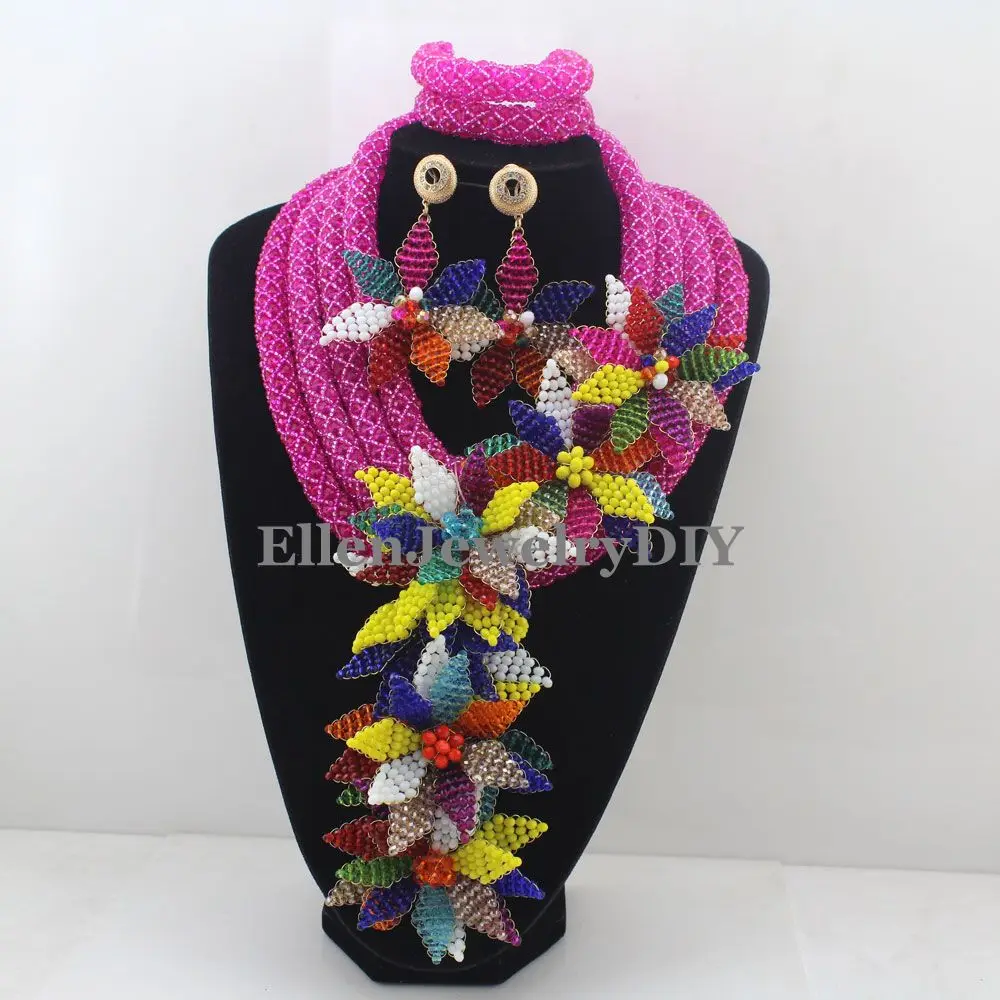 

2019 Luxury African beads jewelry sets india nigerian flower beads beaded wedding bridal necklace dubai jewelry sets W12892