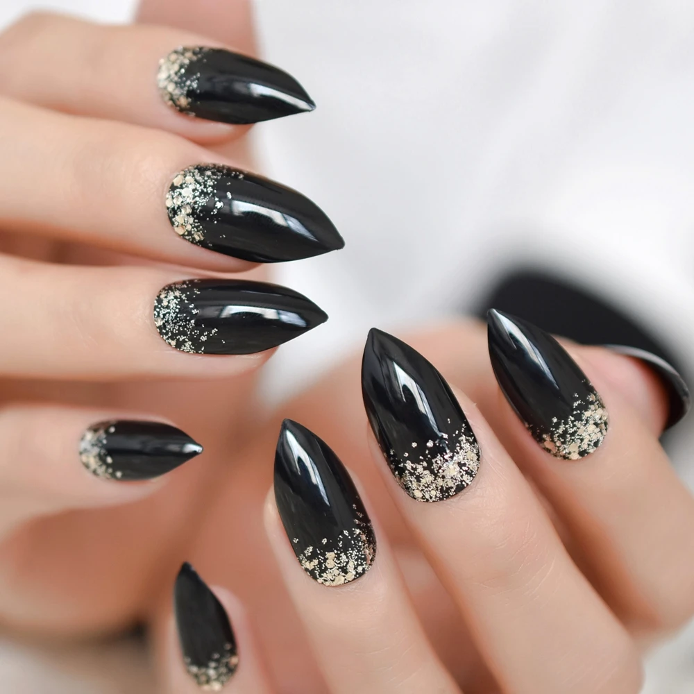 Purpurina Stiletto uñas negro puro medio uñas plata polvo decoración uñas acrílico pre-diseñado punta más afilada