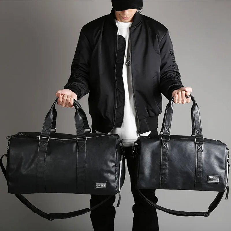 Male Leather Travel Bag Large Duffle Independent Shoes Storage Big Fitness Bags Handbag Bag Luggage Shoulder Bag Black XA237WC