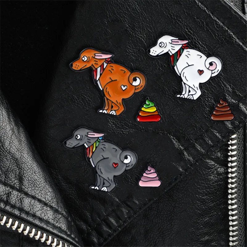 2Pcs/set Badge On A backpack Enamel Pin Dog And Rainbow Excrement Brooches  For Women Men Cute Animal Shit Brooch Jewelry Gifts