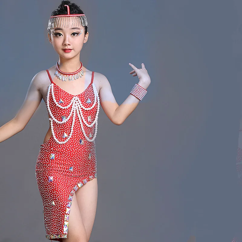 child kid children professional latin dance dress for girls fringe costumes for kids modern junior Sequin Beads Ballroom salsa