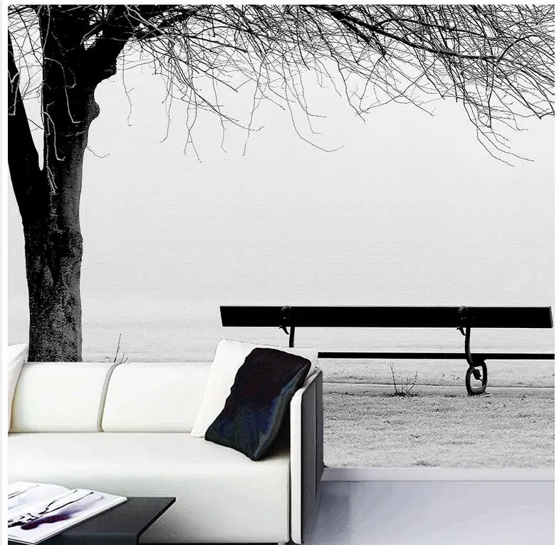 

modern living room wallpapers Simple black and white tree bench window mural wallpaper Home Decoration