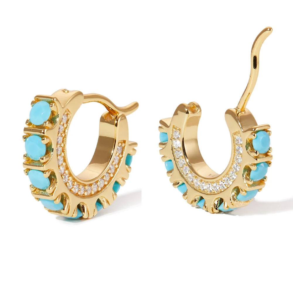 geometric circle hoop earring paved white cz blue turquoises stone fashion european women jewelry