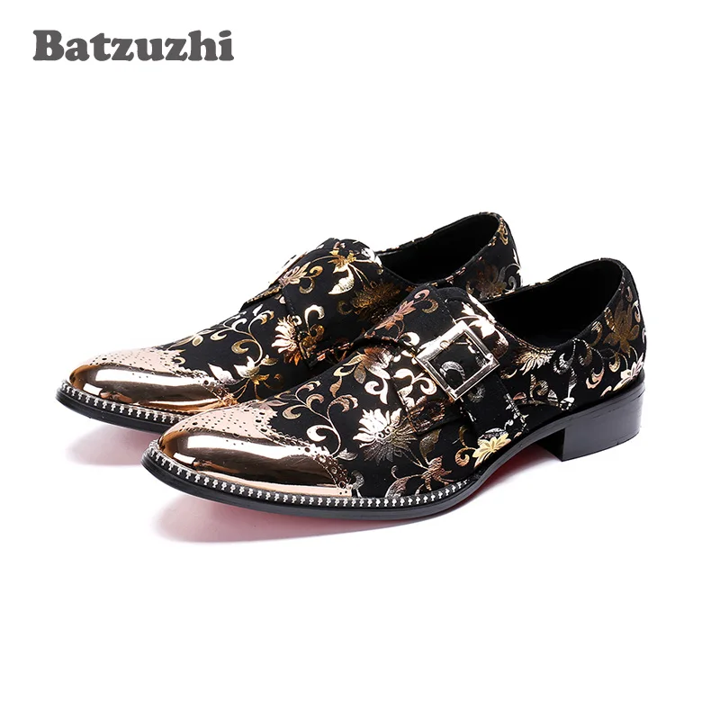 Batzuzhi Italy Style Men Shoes Pointed Iron Toe Black Gold Dress Shoes Formal Leather Dress Shoes Men Buckle zapatos de hombre