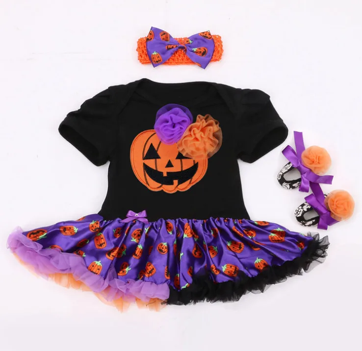 Baby Girl Clothes Sets For Halloween Party Cartoon Pumpkin Skull Rompers Dresses+Flower Shoes+Headbands Bebe Body Suit Kids Gift