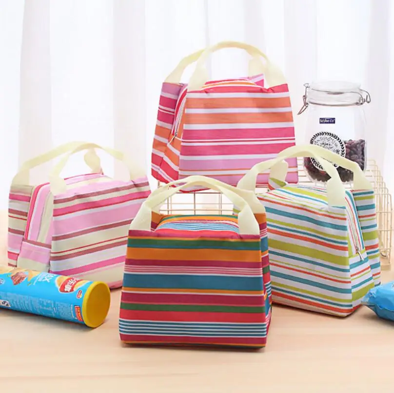 Hot Canvas Stripe Picnic Lunch Drink Thermal Insulated Cooler Tote Bag 450ML Portable Carry Case Lunch Box LX6815