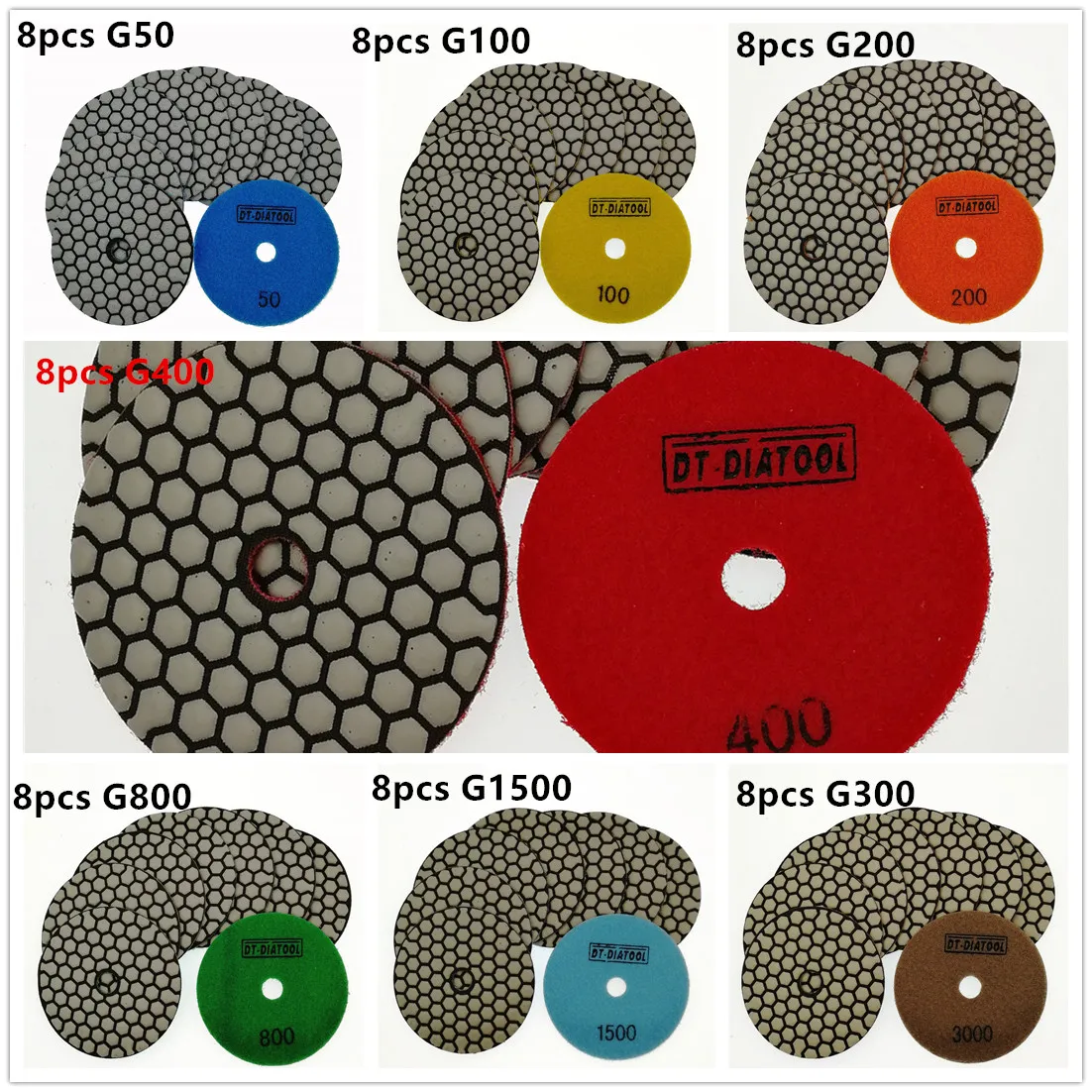 DT-DIATOOL 8pcs flexible Dry Superior Diamond Polishing Pads 4 inch Sanding Disc working without water for Marble Assorted Grits