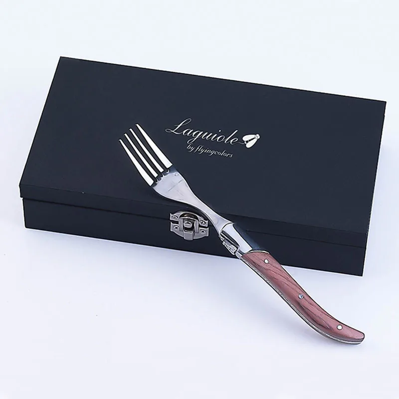 6pc Stainless Steel Fork Set w/ Rose Wood Handles in Wooden Gift Box 8.7inch Steak Fork Knife set Restaurant Home