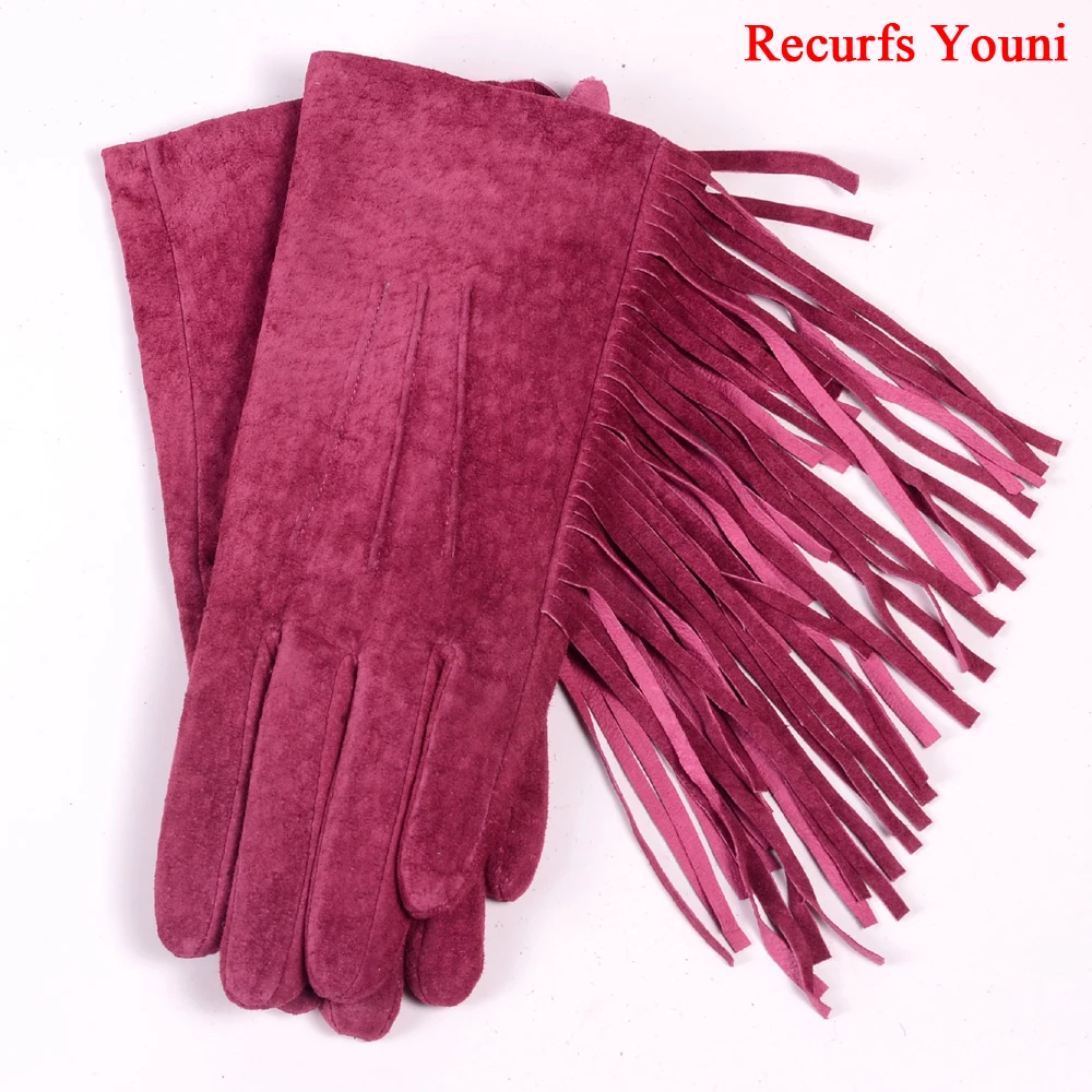 2023 Winter Lady Genuine Leather Pigskin Suede Tassel Short Gloves Women Mujer Nubuck Warm Velvet Punk Show Purple Classic Luvas