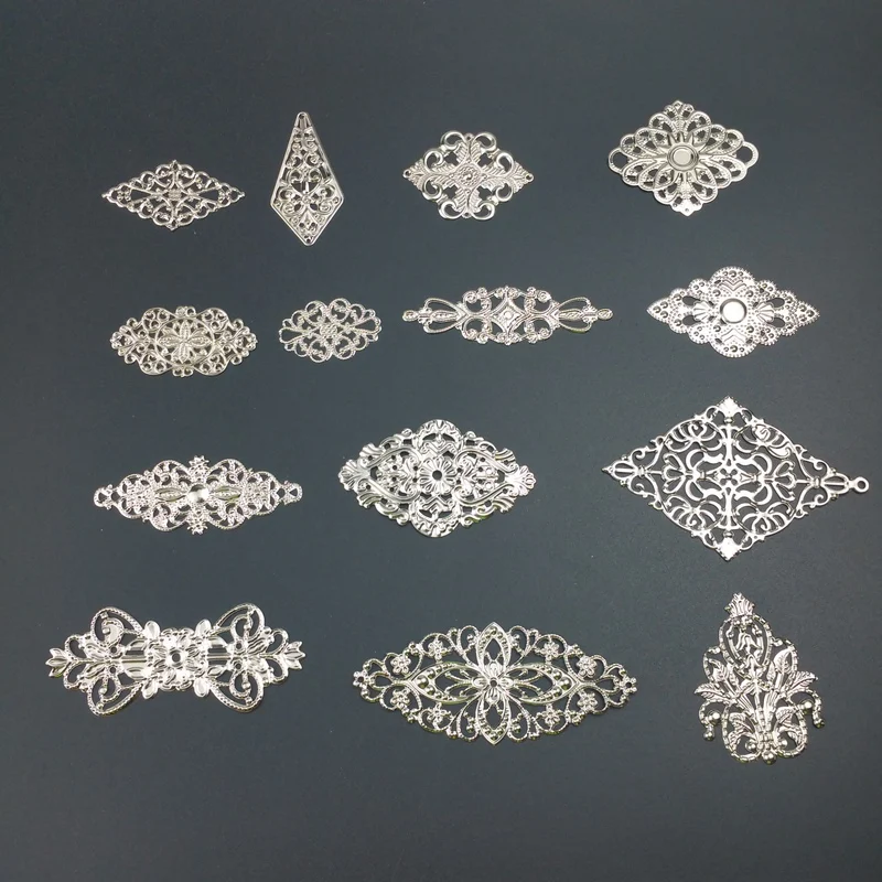 10-20 pcs/lot  lozenge  Metal Filigree Flowers Slice Charms base Setting Jewelry DIY Components Findings