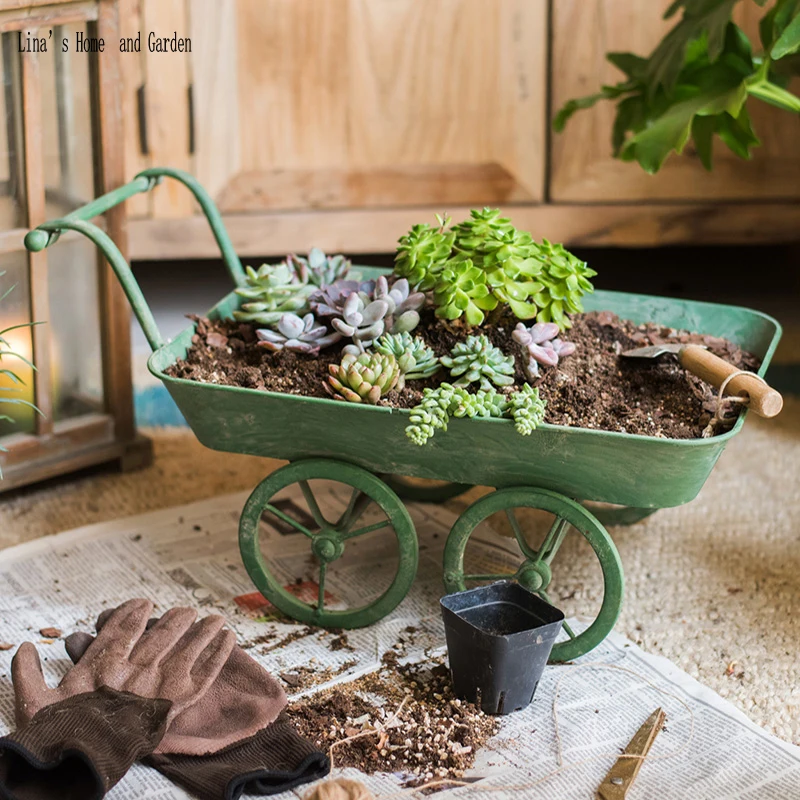 hand made antique retro green metal flower cart planters