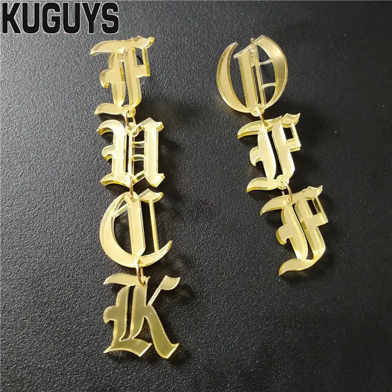 KUGUYS Love Gold Color Mirror Acrylic Long Earrings for Women Girl\'s Gift Letter Fashion Jewelry Trendy HipHop Accessories