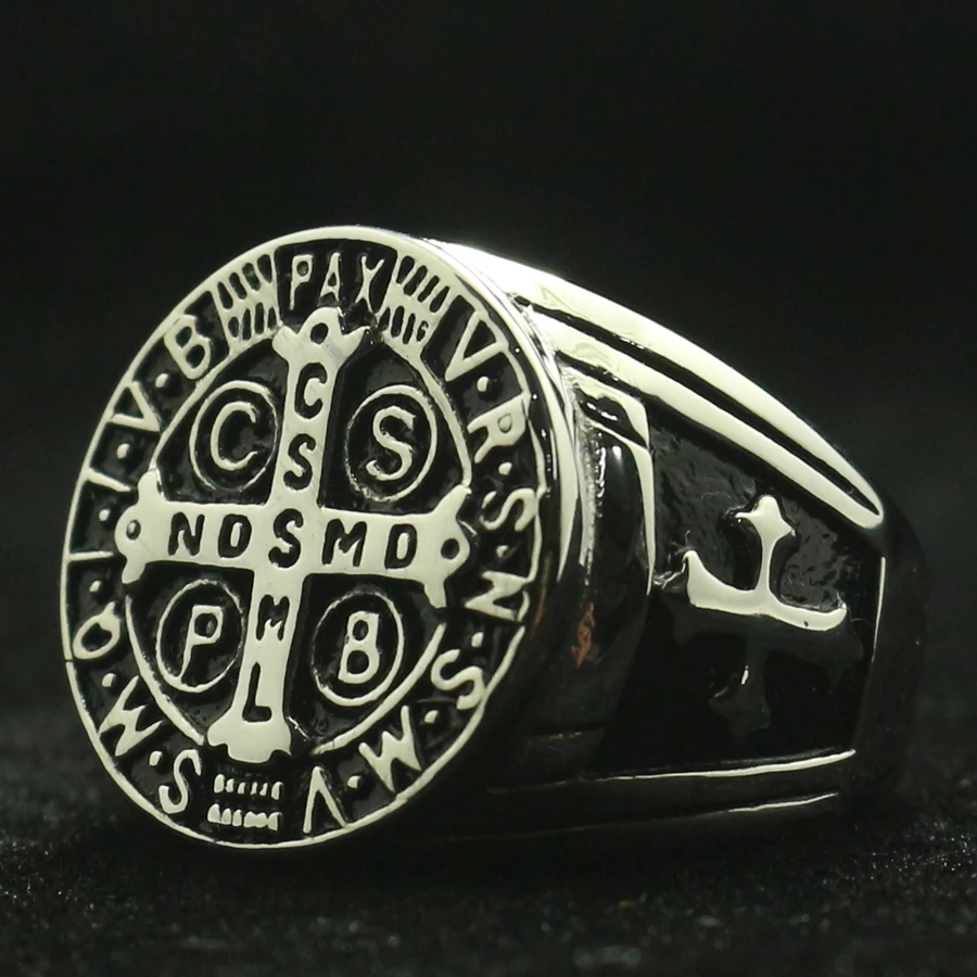 Saint Benedict of Nursia CSPB CSSML NDSMD Men 316L Stainless Steel Christianity Catholic Church Jesus Exorcism Cross Ring Gift