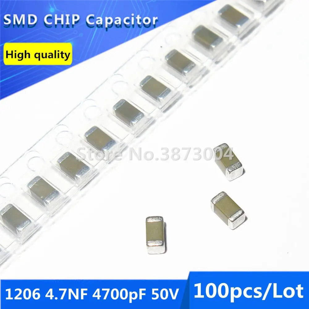 100pcs 1206 4.7NF 4700pF 50V X7R 10% Thick Film Chip Multilayer Ceramic Capacitor