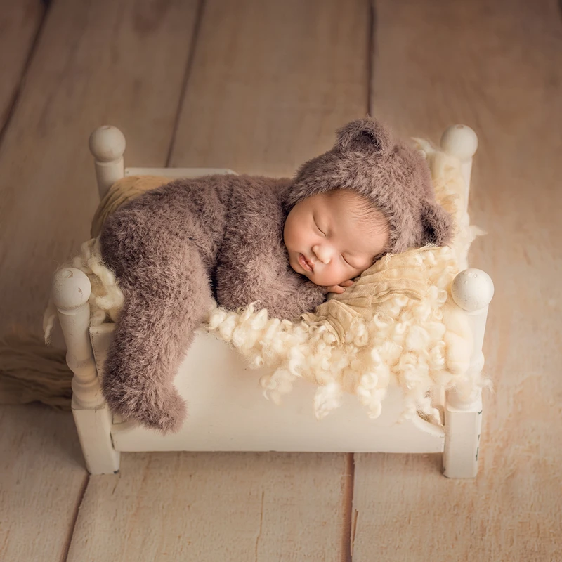 Handmade Baby Hooded Onesie Photography Props Newborn Bear Romper Set Knit Fluffy Teddy Bear Hat And Footed romper photo outfit