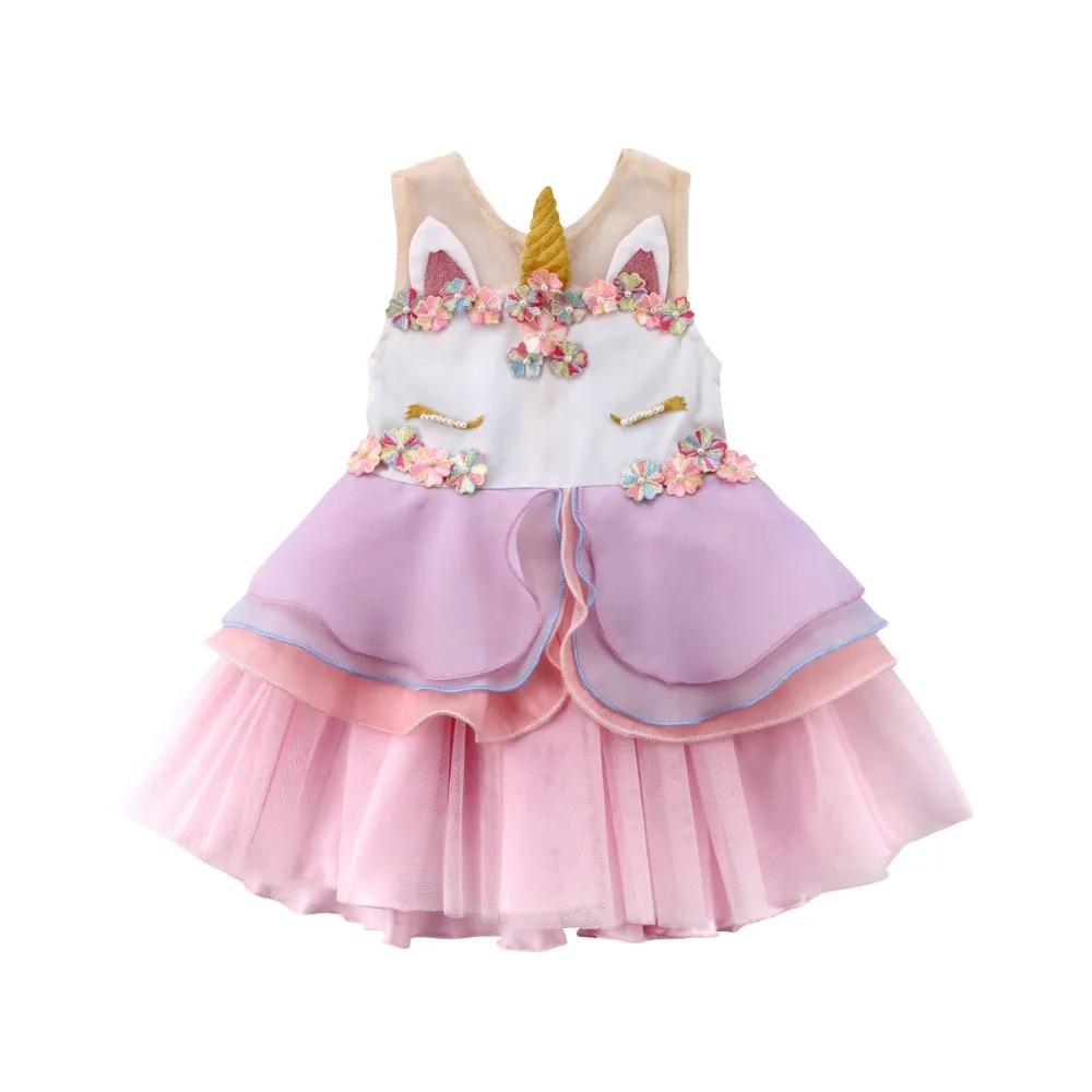 

Baby Girls 3D Unicorn Beading Floral Mesh Lace Tutu Sleeveless Dresses Princess Kids Cosplay Flower Party Dress Size 1-6T