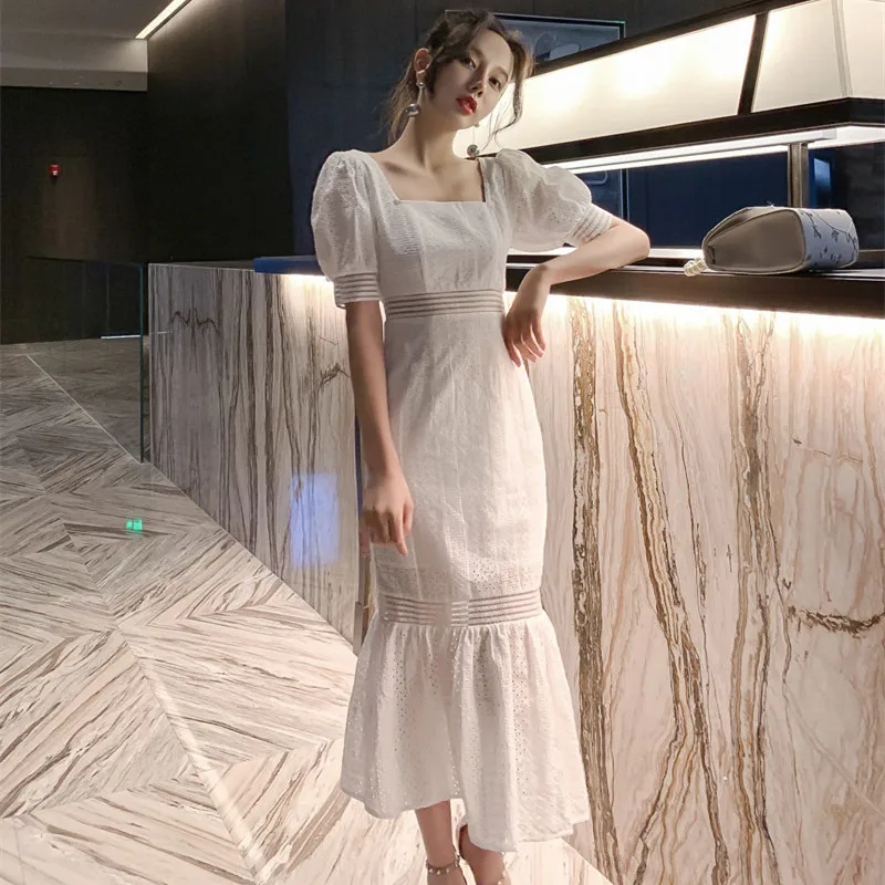 

2019 Summer Women Fashion Mermaid Dress White Short Sleeve Square Collar Dress Elegant High Quality Vestidos Lady Party Dresses