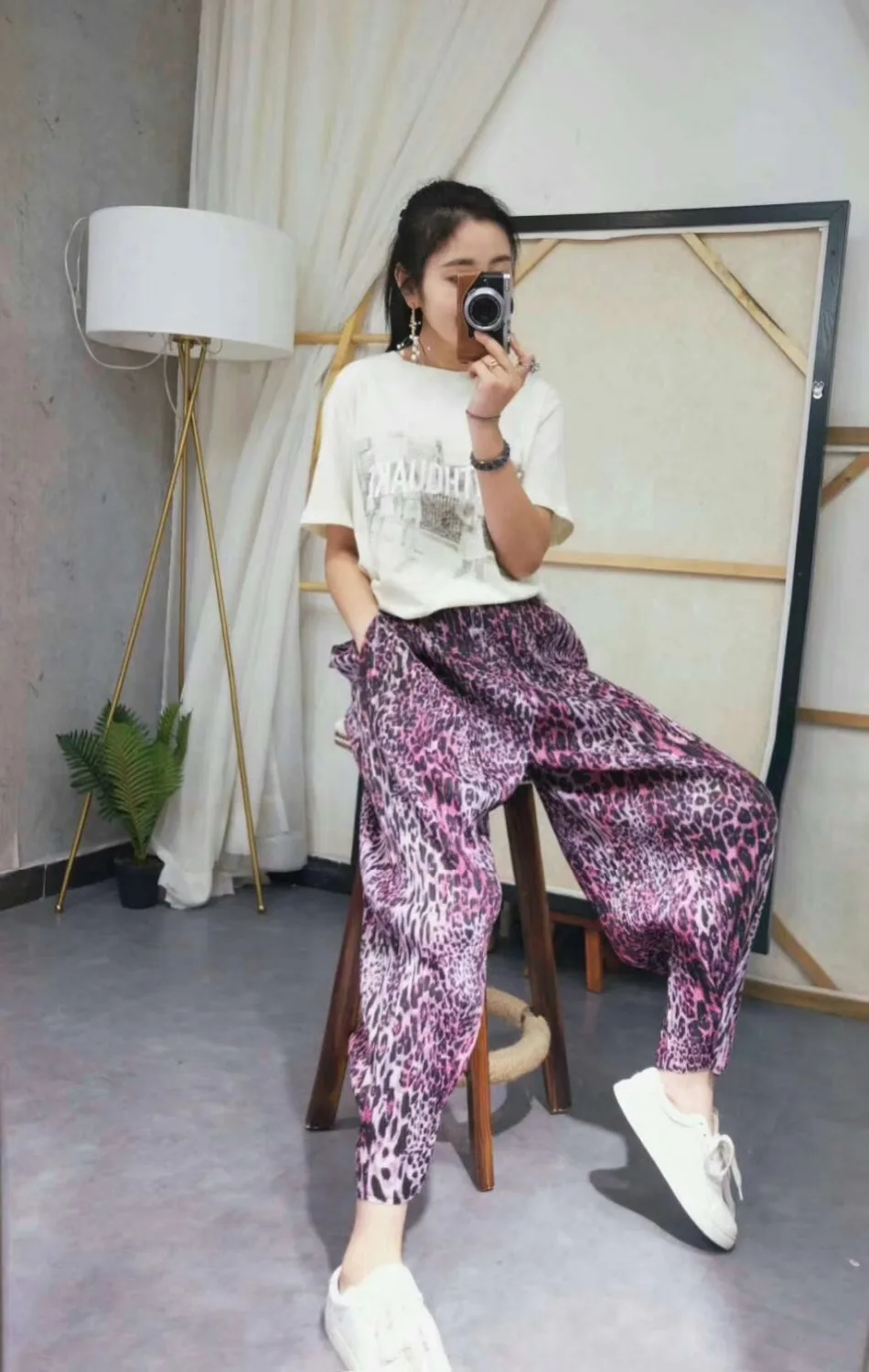 

HOT SELLING Miyake Pleated casual trousers Leopard print all-match irregular trouser slim high waist pants IN STOCK