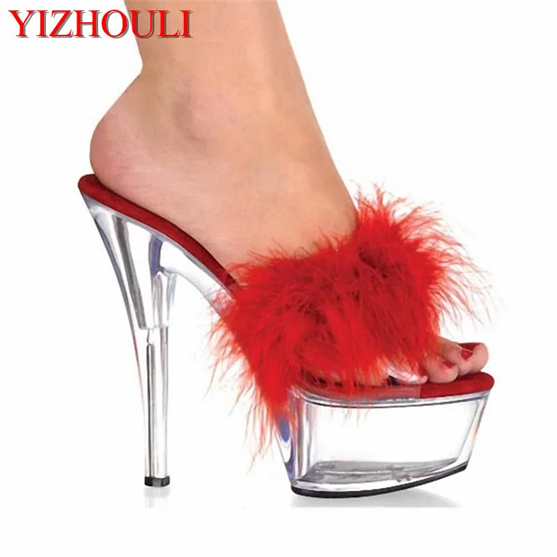 

Sexy crystal 15cm sexy feather design ultra high heel slippers, model banquet 6 inch high heel shoes