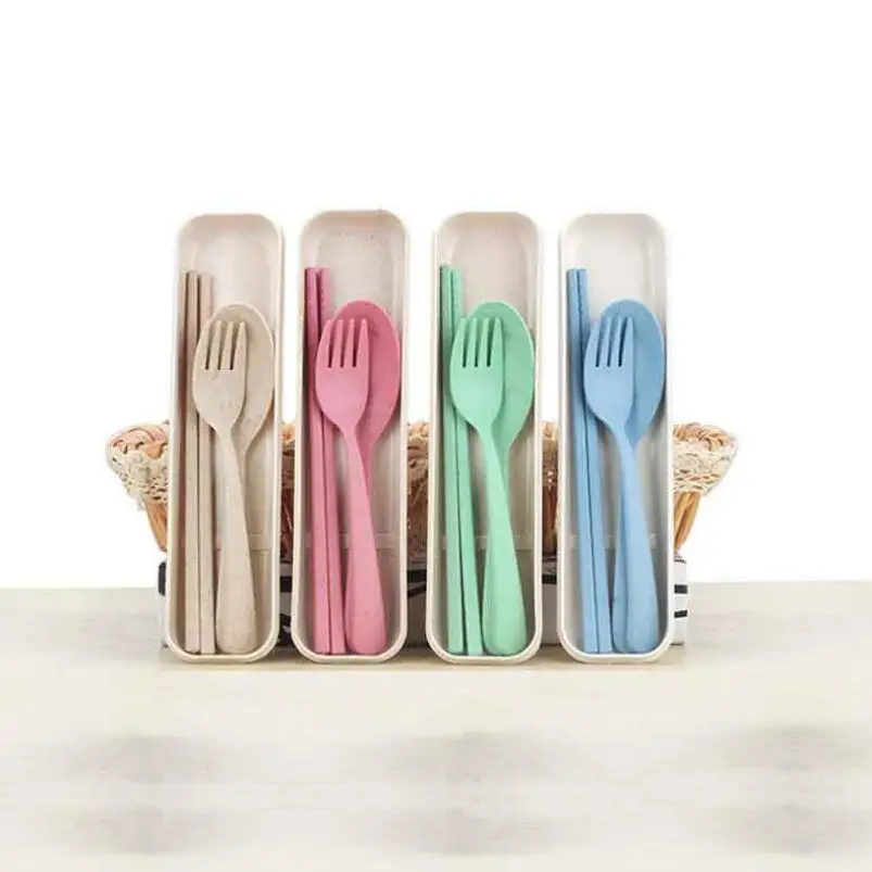 Portable Wheat Straw Spoon Fork Chopsticks Set Tableware Eco-friendly Reusable Travel Camping Cutlery Set LX6790