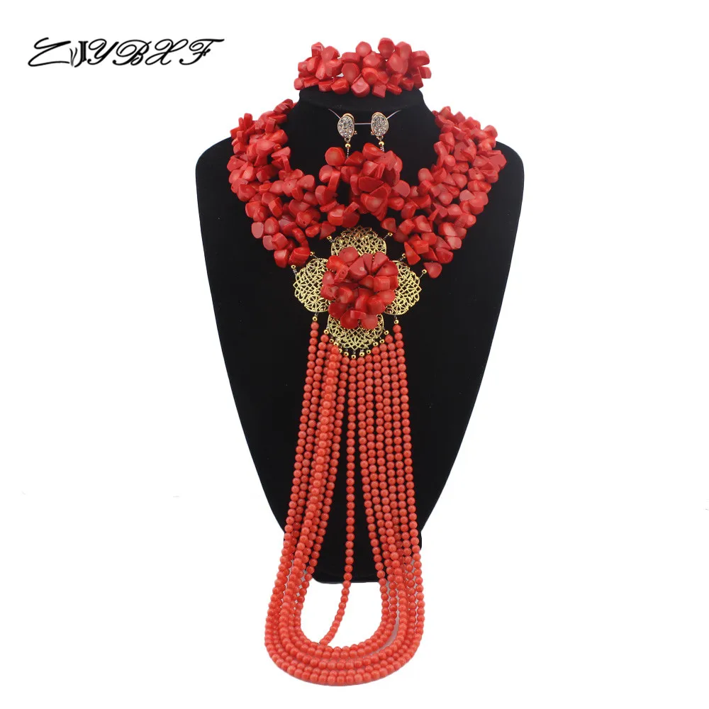 

New Arrived Statement Necklace Nigeria Wedding Set Necklace Africa Beads Classic Women Coral Jewelry Set HD6981