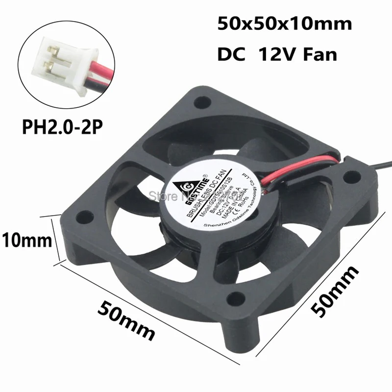 

10 Pieces Gdstime DC 12V 2Pin 50mm 5cm 5010 50x50x10mm Black Brushless Cooling Fan